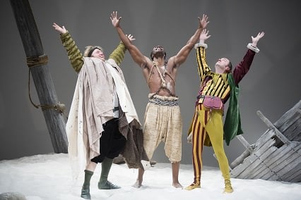 Dave Quay ( Stephano), Clifton Duncan (Caliban), and Liam Craig (Trinculo). Photo by Scott Suchman. 
