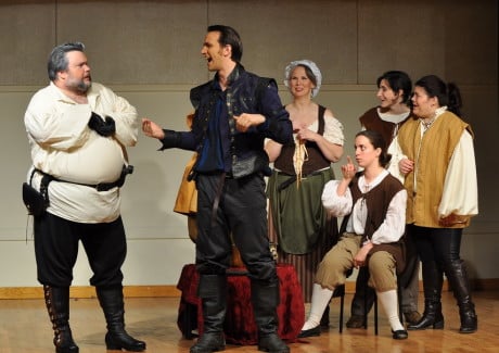 L to R: Jay Tilley (Falstaff), Maddy Goshorn (Gadshill), Dave Joria (Prince Hal), Sallie Willows (Mistress Quickly), Marta Elena Soto (Bardolph), Betsy Ryan (Poins), and Allie Vignoli (Peto). Photo by David Seidman.