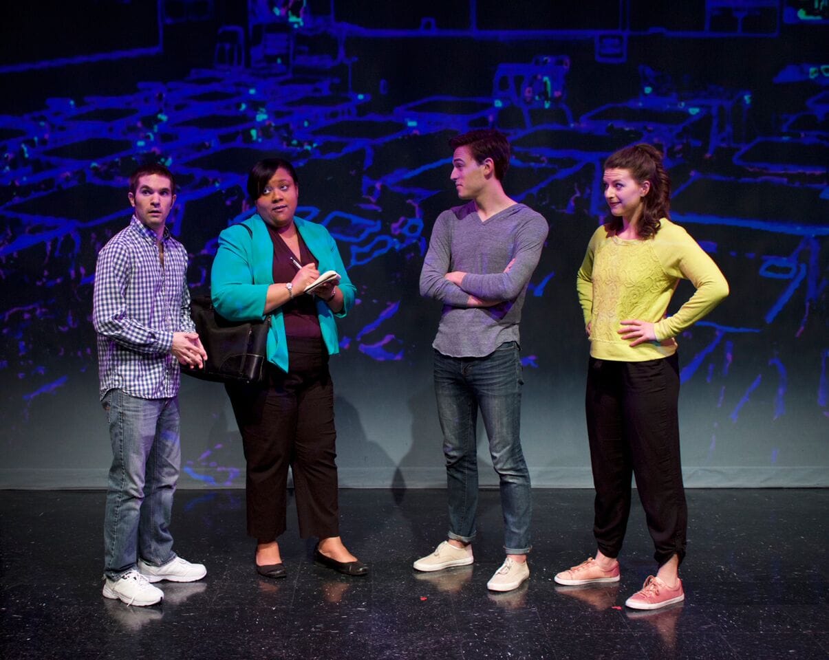 Grant Collins, Taunya Ferguson, Jordan Clark Halsey, and Kendall Helblig in Speech and Debate. Photo by David G. Jung.