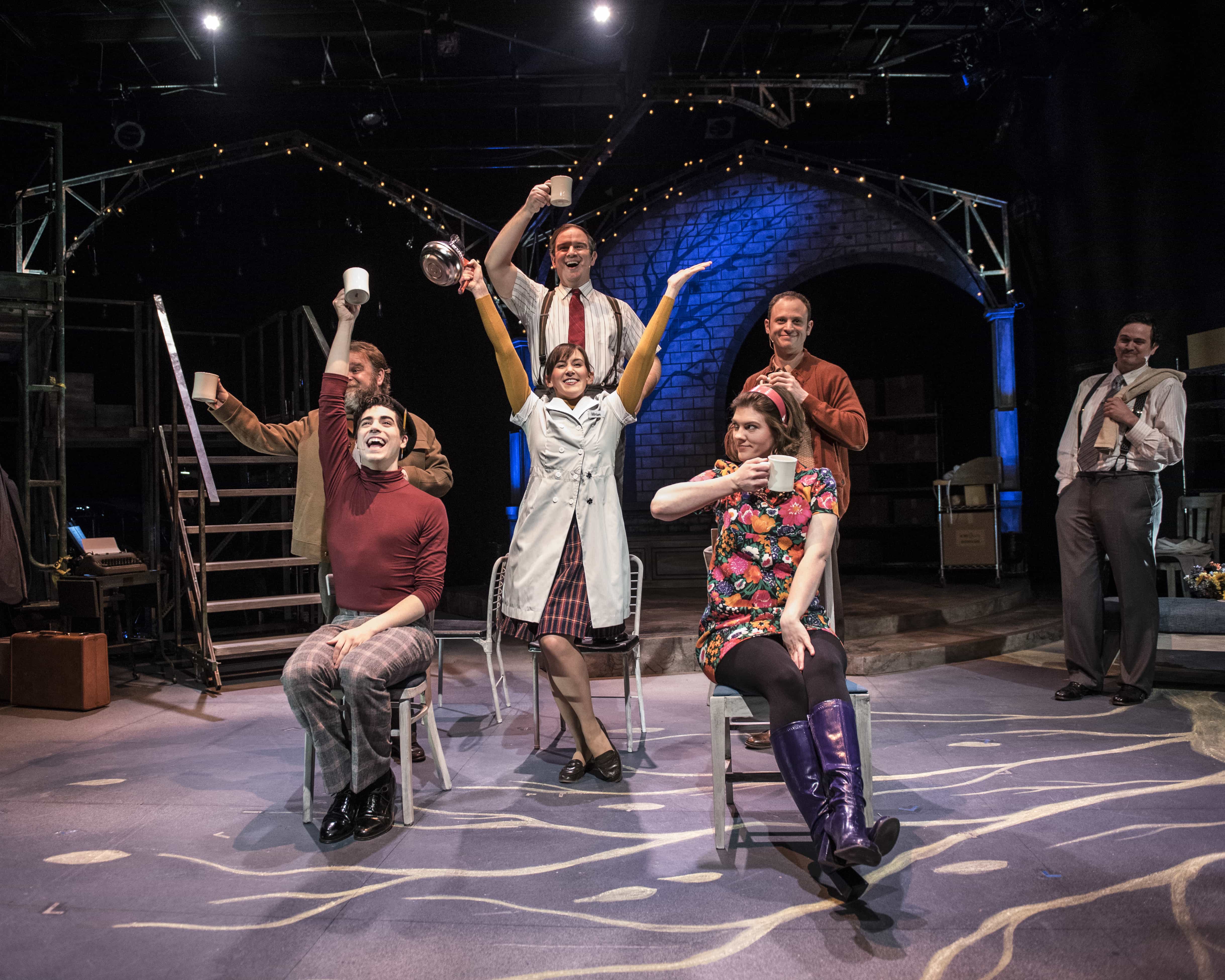 Sasha Olinick, Tiziano D'Affuso, Ryan Manning, Caroline Wolfson, Aaron Bliden, Farrell Parker, and Jamie Smithson in "Fly By Night" at 1st Stage. Photo by Teresa Castracane.
