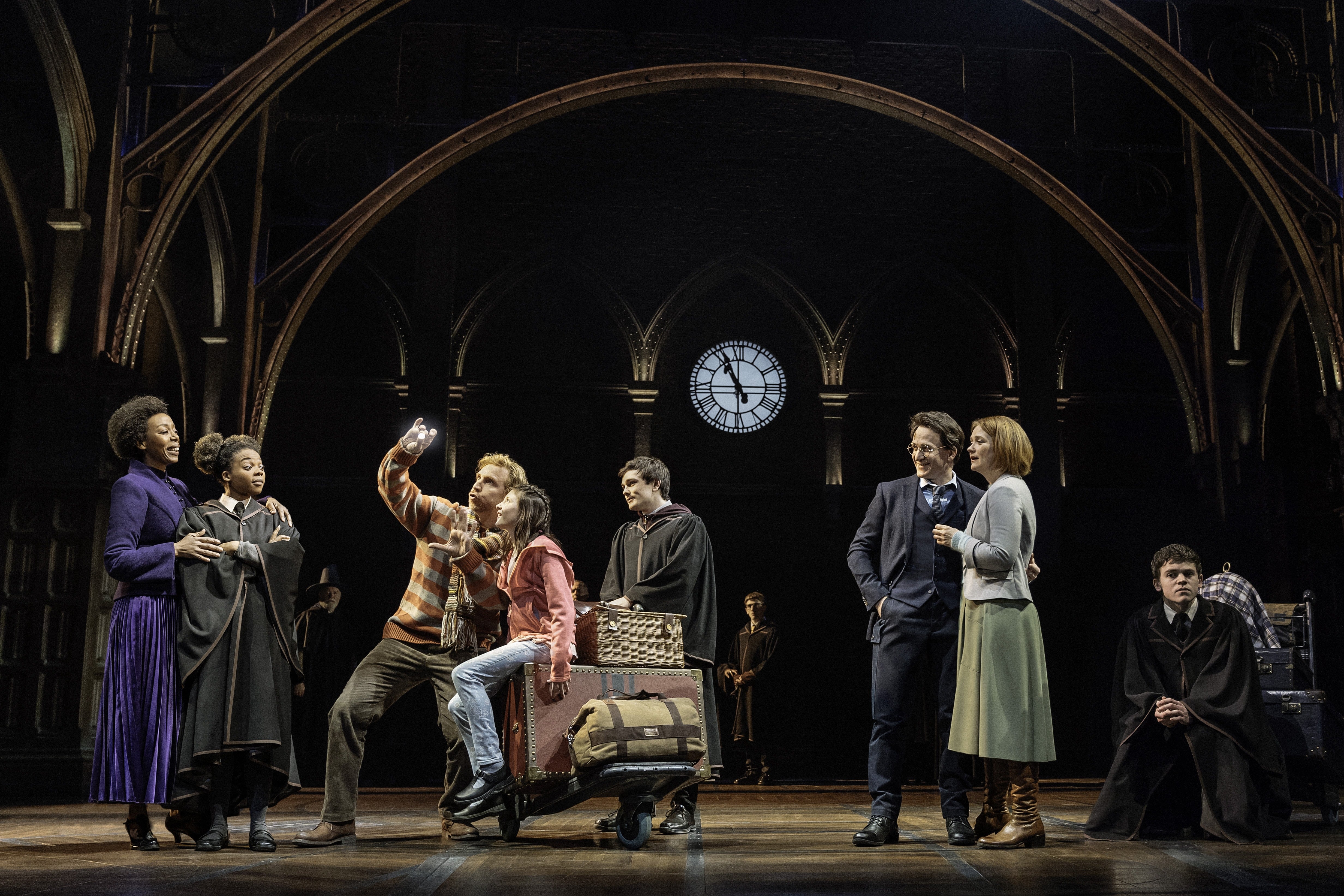 Noma Dumezweni, Susan Heyward, Paul Thornley, Olivia Bond, Ben Wheelwright, Jamie Parker, Poppy Miller, and Sam Clemmett. Photo by Manuel Harlan. 