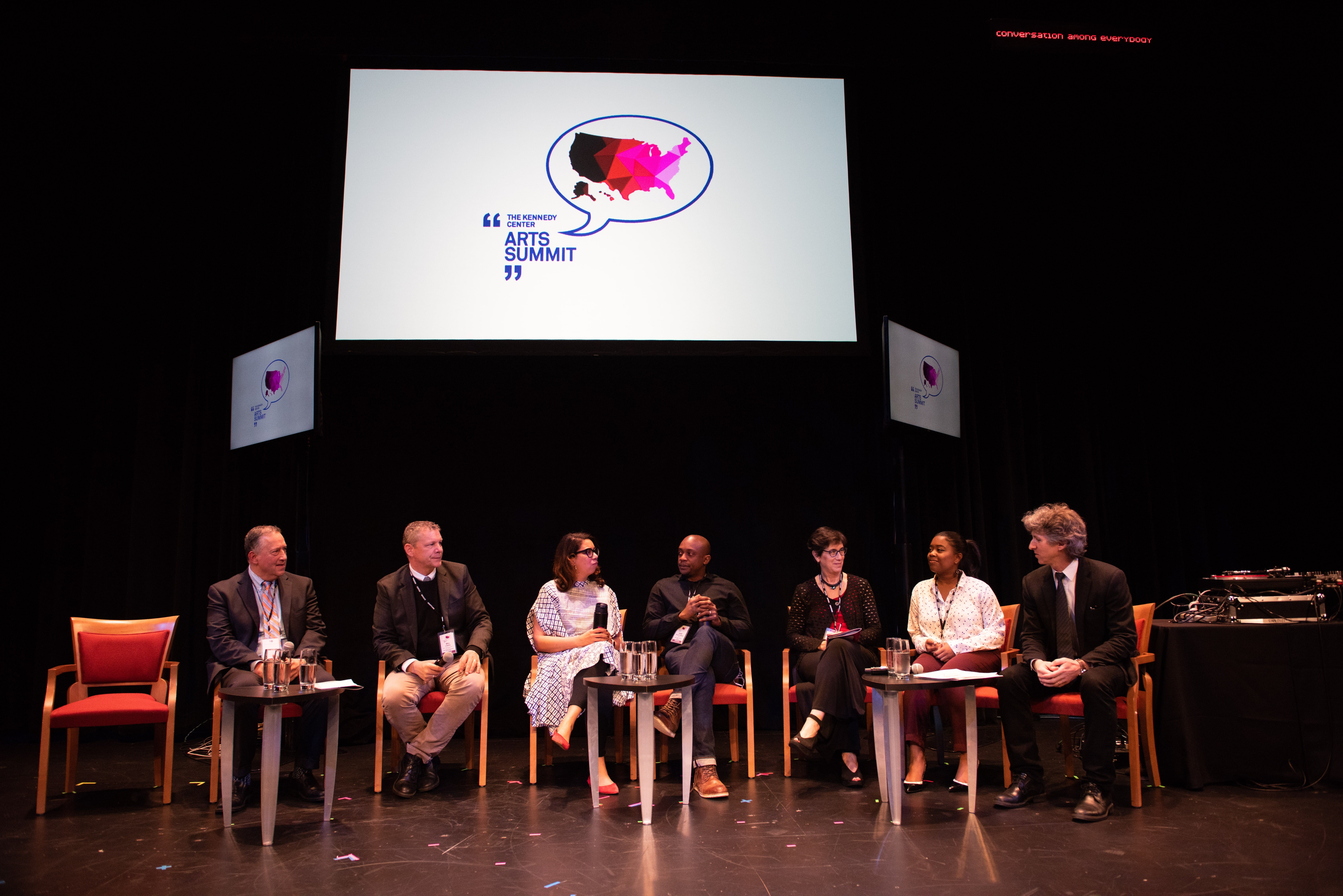 (L to R) – Jeremy Nobel, Bill O’Brien, Angelique Power, Hank Willis Thomas, Linda Nathan, Jasmine Babers, and Damian Woetzel at the 2018 Kennedy Center Arts Summit. Photo by Michael Butcher.