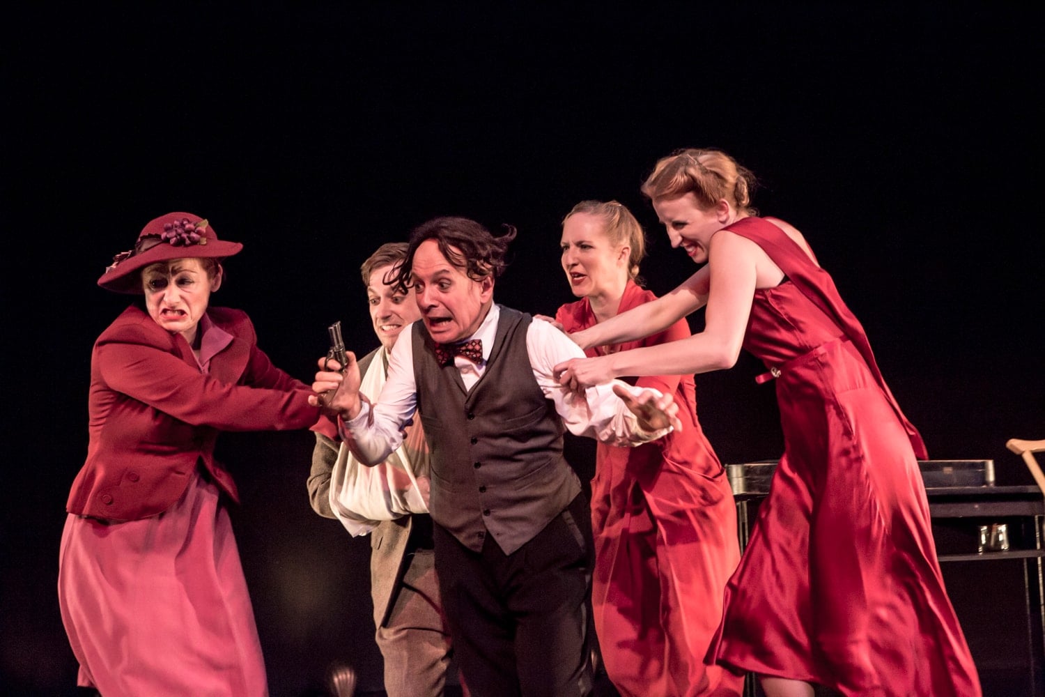 Sabrina Mandell, Alex Vernon, Mark Jaster, Gwen Grastorf, and Sarah Olmsted Thomas in Cabaret Noir. Photo by Manaf Azzam.