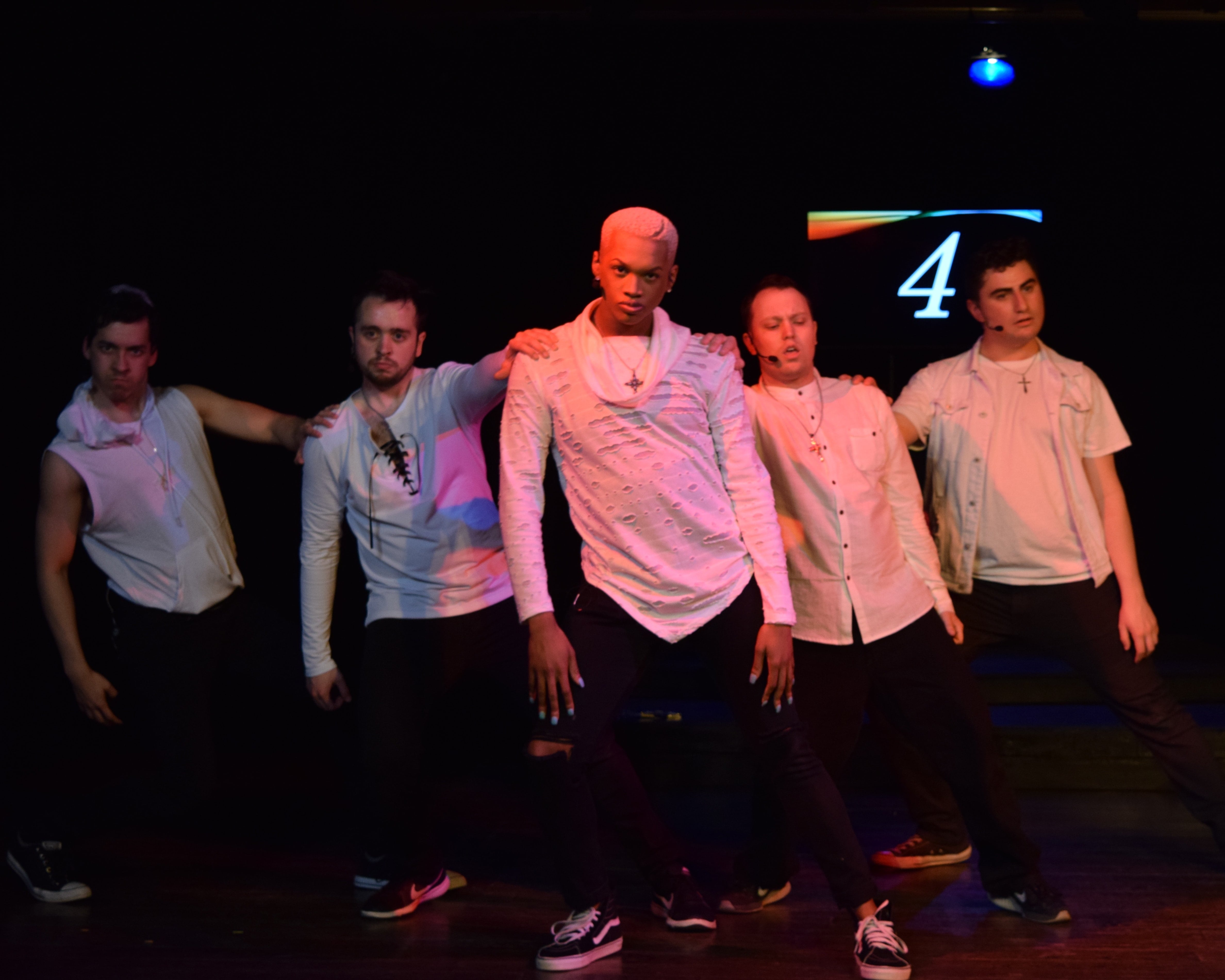 The Ensemble: Matty Montes (Abraham), Nick Cox (Juan), Michael Mattocks (Mark), Justin Douds (Matthew), and Evan Neufeld (Luke). Photo by Dana Robinson. 