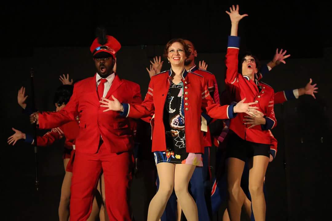 Katherine Sheldon (center) as Charity, and Anwar Thomas as Daddy Brubeck, in Sweet Charity by the Heritage Players. Photo by Shealyn Jae Photography.