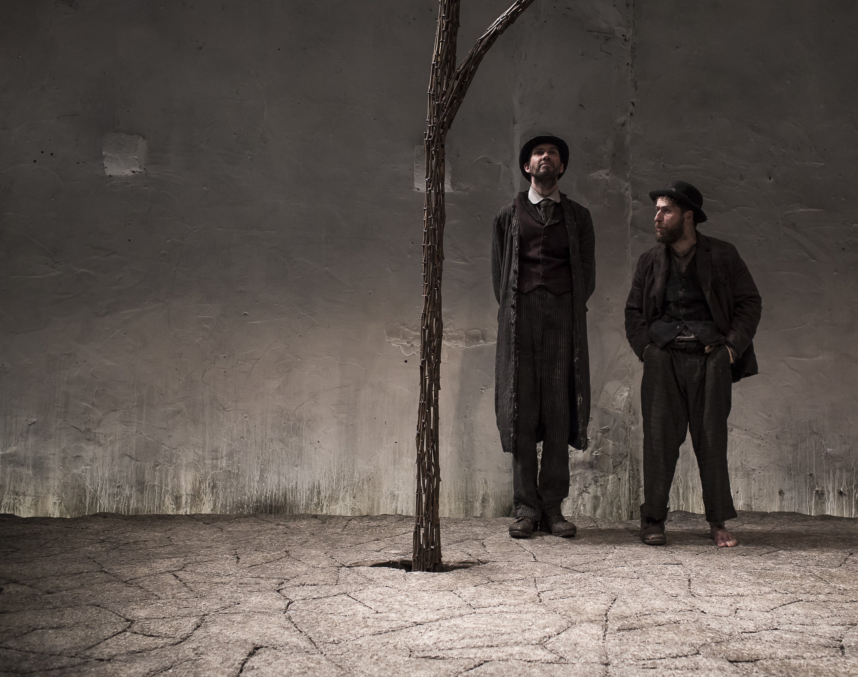 Marty Rea as Vladimir and Aaron Monaghan as Estragon in the Druid production of Waiting for Godot, directed by Garry Hynes. Photo by Matthew Thompson.