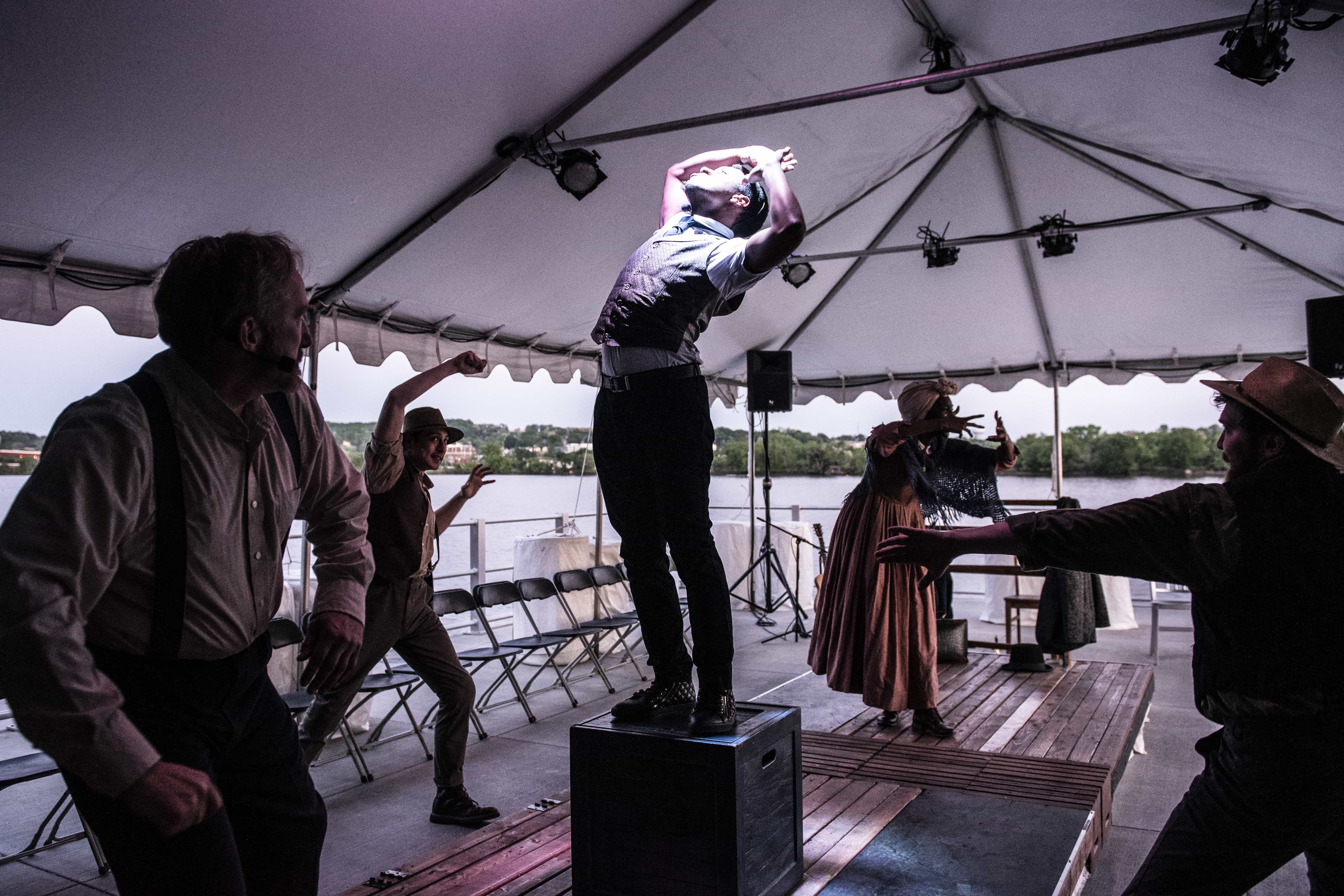 L-R: Michael Crowley, Dan Westbrook, Gary Perkins III, Tiffany Byrd, and Kevin Collins in The Frederick Douglass Project. Photo by Teresa Castracane.