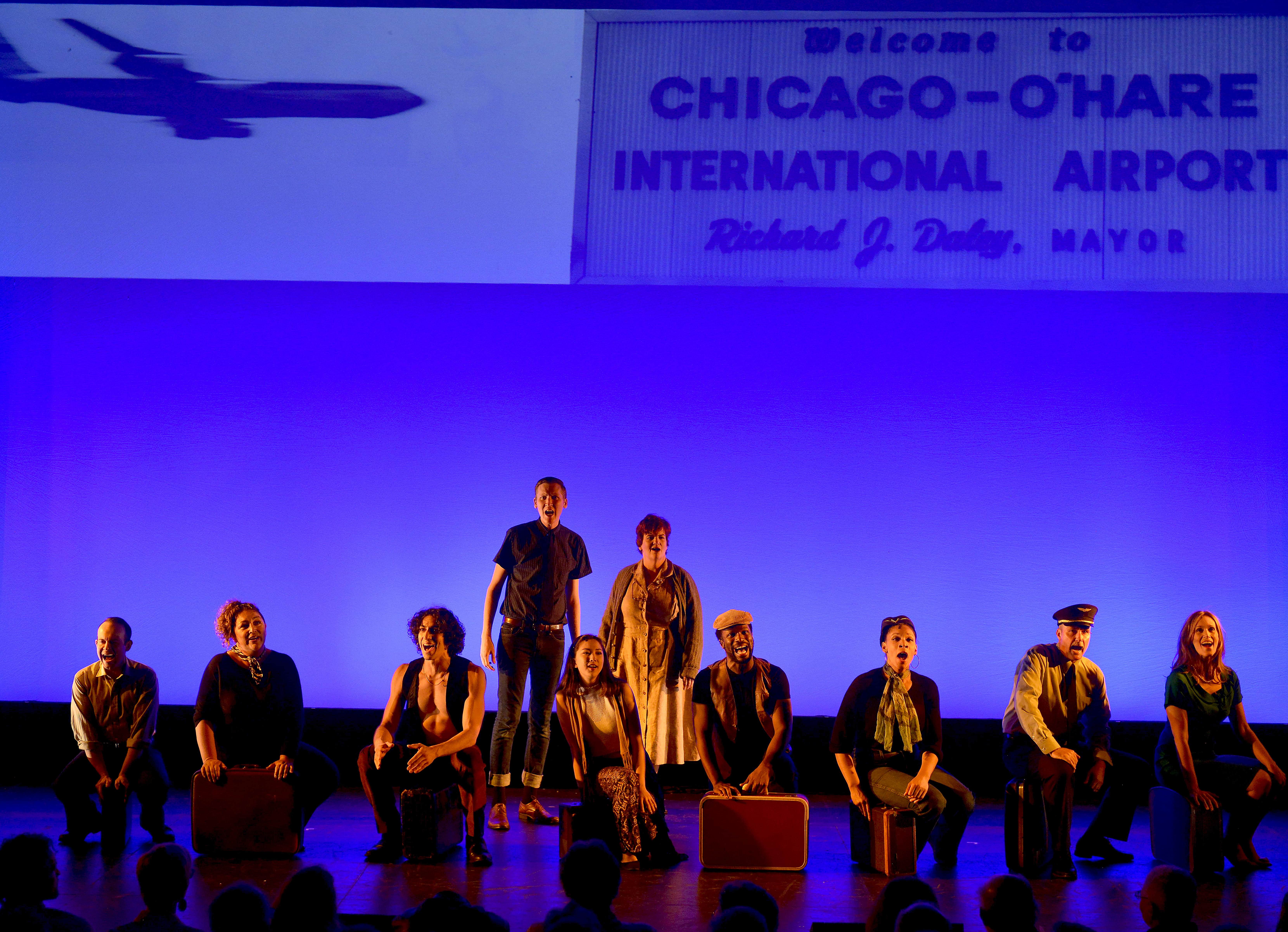 Jonathan Spivey, Nicole Paloma Sarro, Joe Joseph, Jeremy Konopka, Delphi Borich, Mary Callanan, Uton Evan Onyejekwe, Jalynn Steele, Bob Gaynor, and Maggie Hollinbeck. Photo by Michael Kushner.