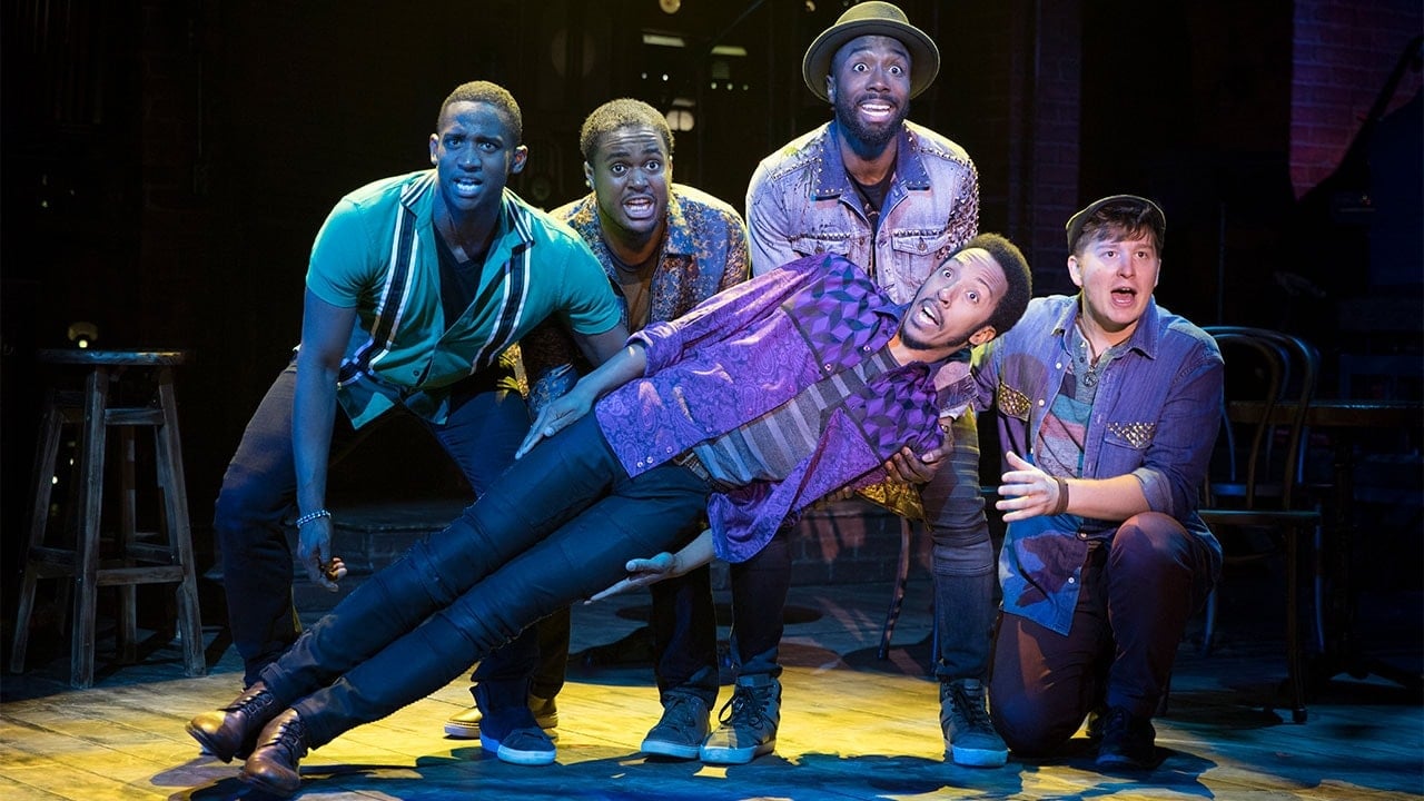 Jelani Remy, Shavey Brown, John Edwards, Dwayne Cooper, and Max Sangerman. Photo by Joan Marcus.