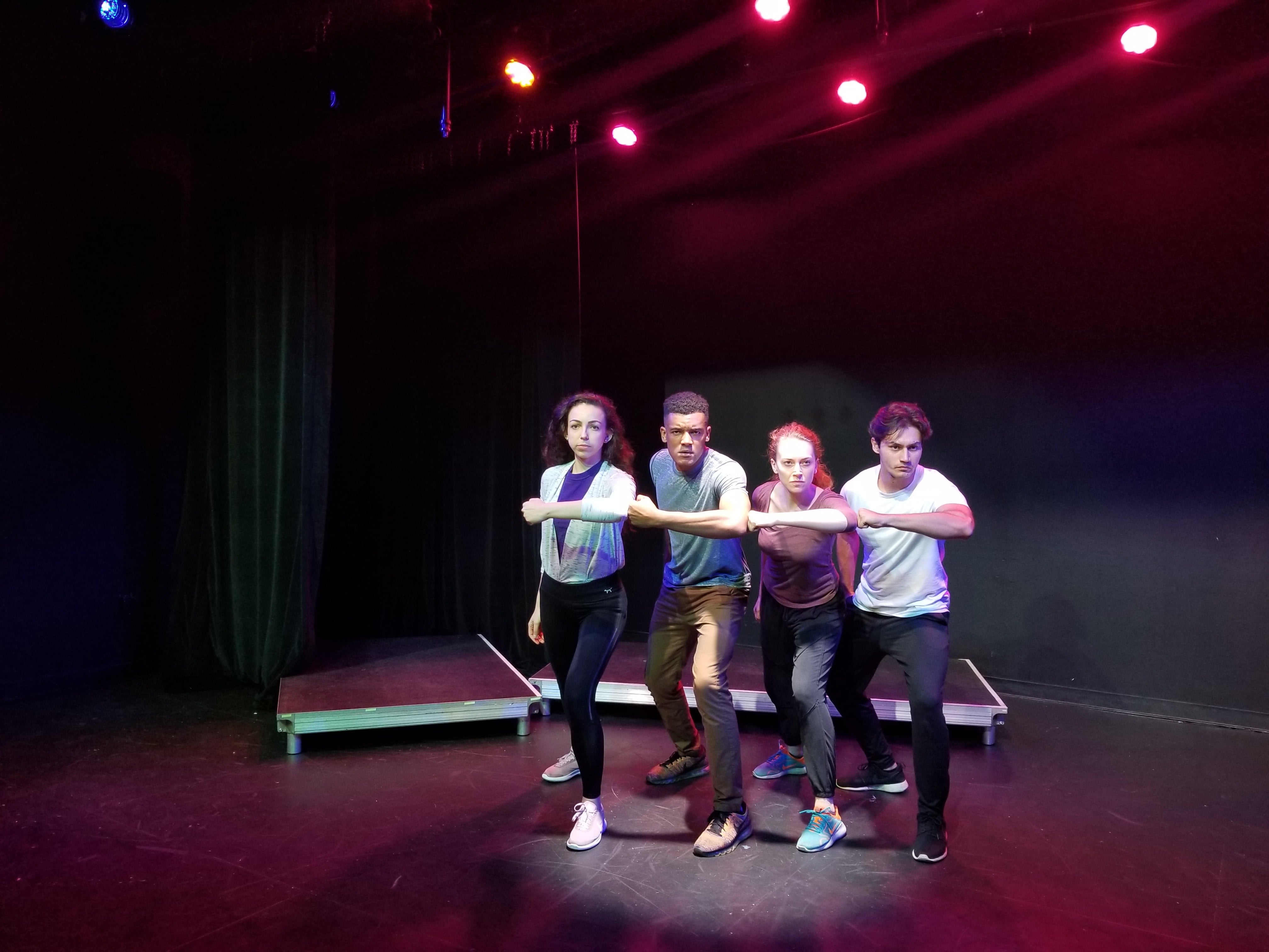 Fabiolla da Silva, Sebastian Leighton, Karoline Troger and Cristian Linares in rehearsal for Convergence Theatre's Guerrilla Theatre Works 3: A New Nation, opening July 7 at Anacostia Arts Center. Photo by Natalie Gleason.