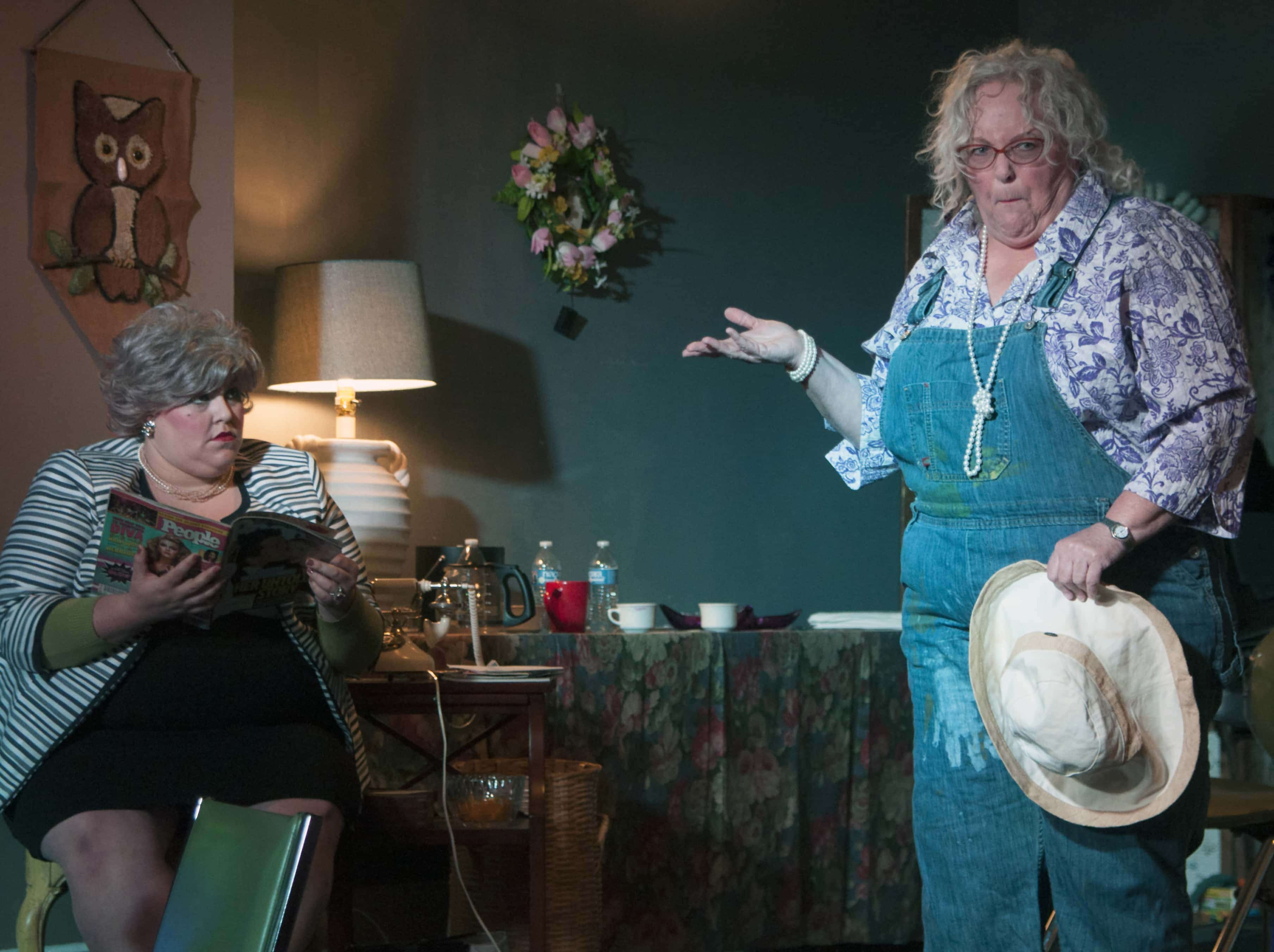 Katy Chmura as Clairee Belcher and Lorraine Bouchard as Ouiser Boudreaux in Steel Magnolias, presented by Wolf Pack Theatre Company. Photo by Rachel Zirkin Duda.