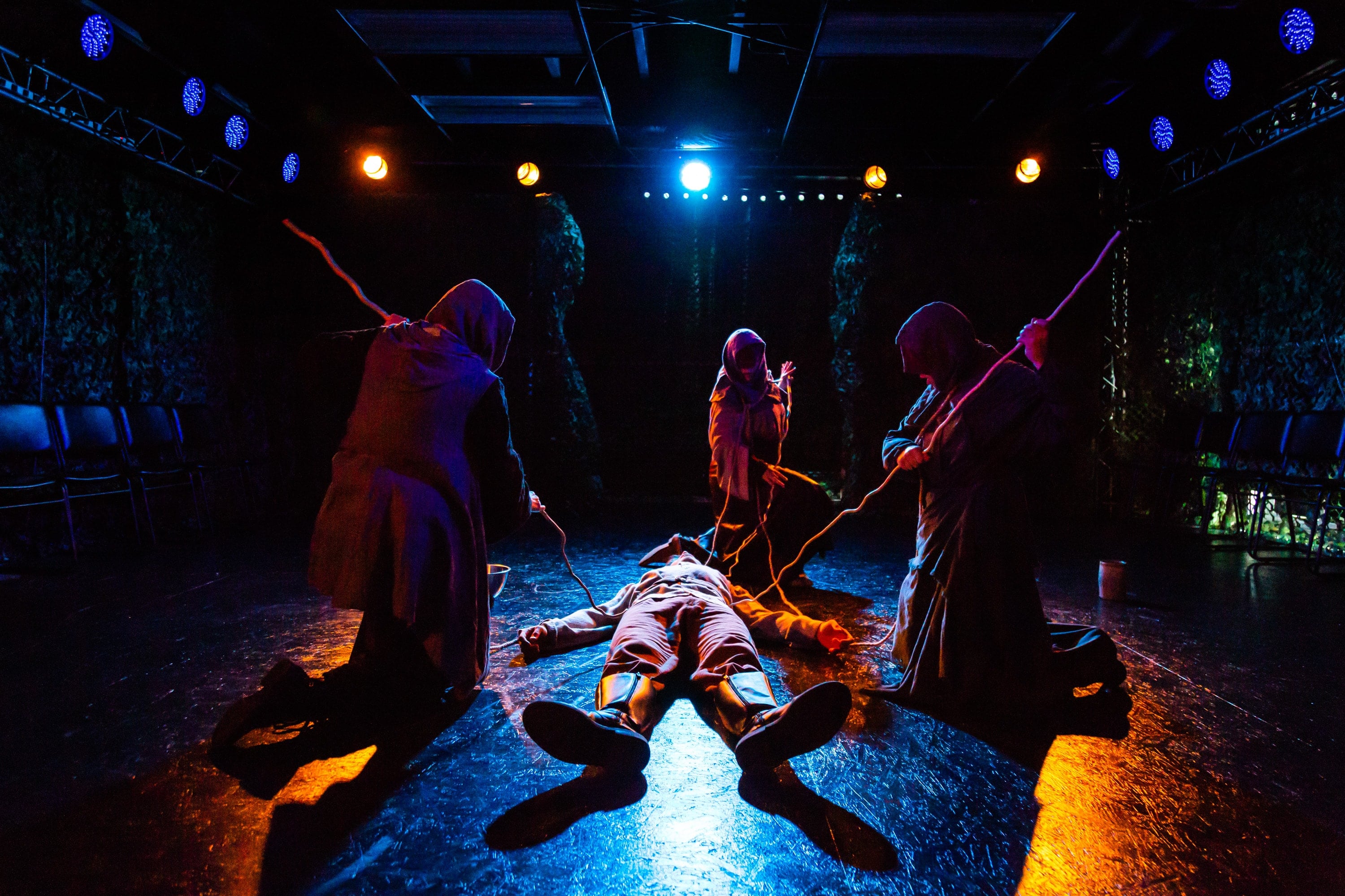 Morgan Sendek, Alani Kravitz, and Linda Bard as the Witches. in Macbeth, presented by 4615 Theatre. Photo by Ryan Maxwell Photography.
