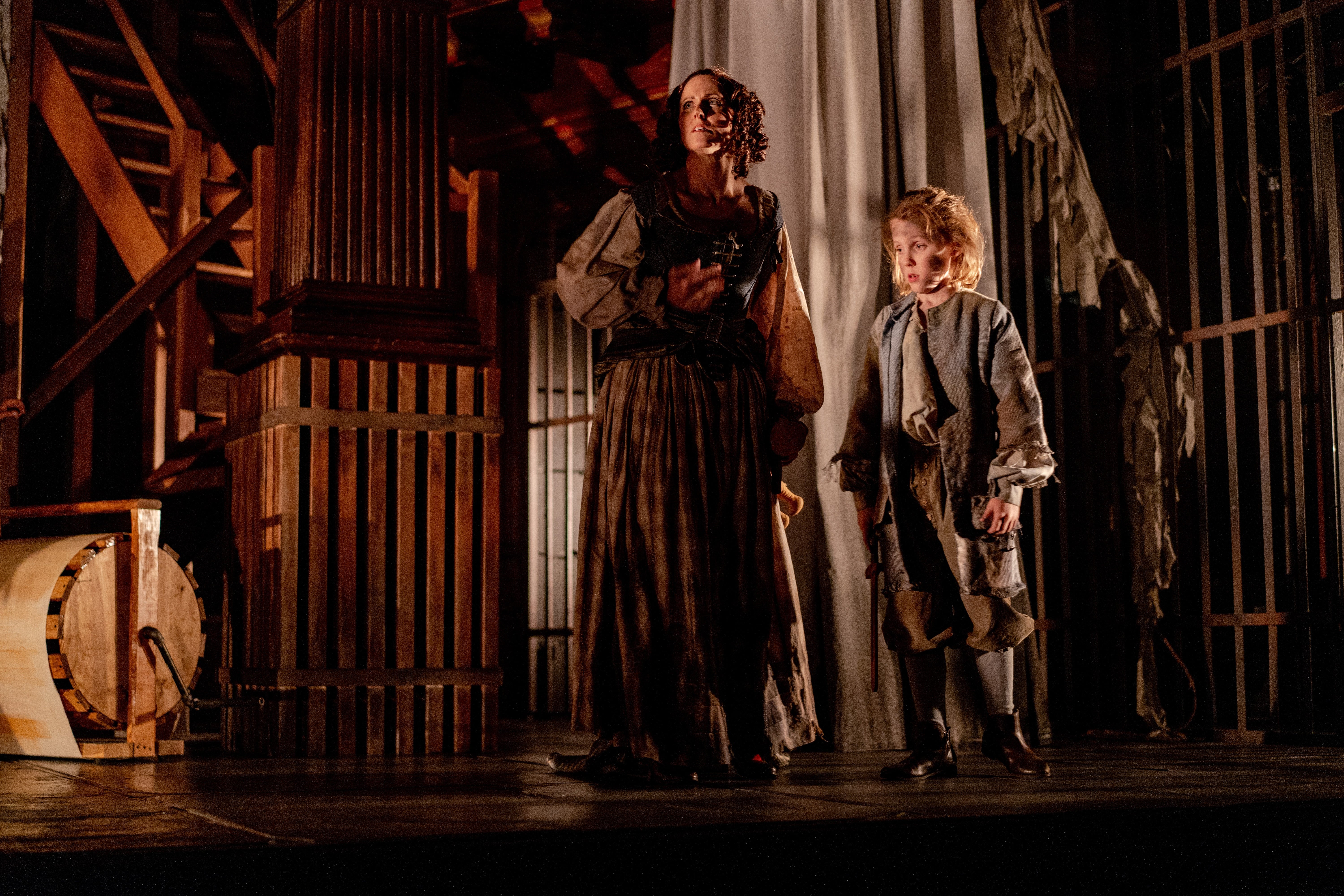 Lady Macduff (Karen Peakes) and Fleance (Owen Peakes) find themselves in Bedlam asylum in Folger Theatre’s Macbeth. On stage September 4–23, 2018. Photo by Brittany Diliberto.