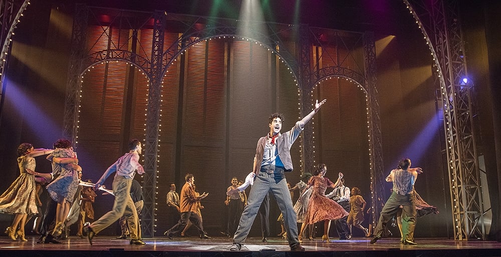 Dan Domenech as Che in Evita at the Pennsylvania Shakespeare Festival. Photo by Lee A. Butz.
