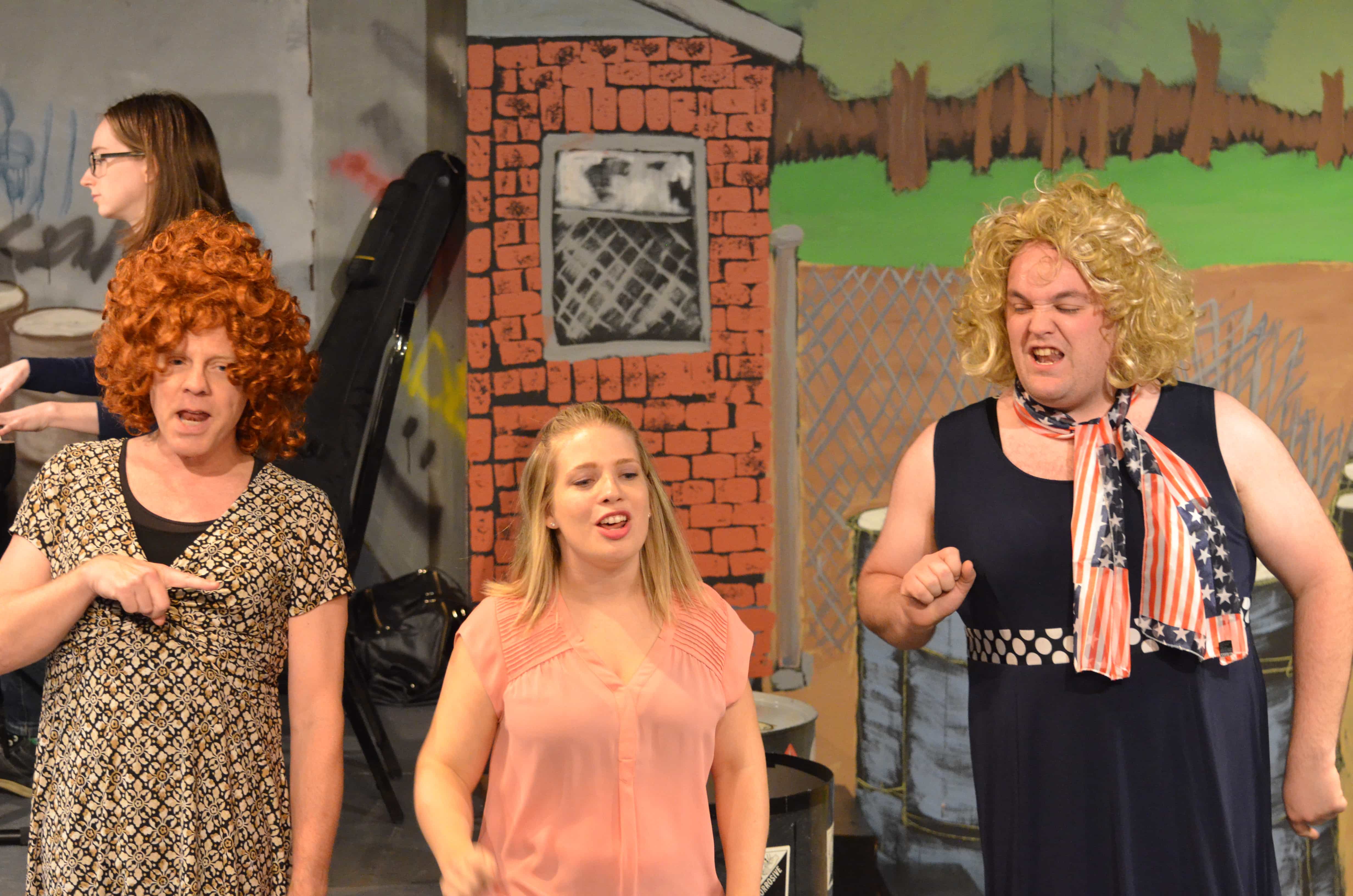 L-R: Todd Hines, Jessie Duggan, and Michael Iacone in The Toxic Avenger, now playing at Greenbelt Arts Center. Photo by Kristofer Northrup.