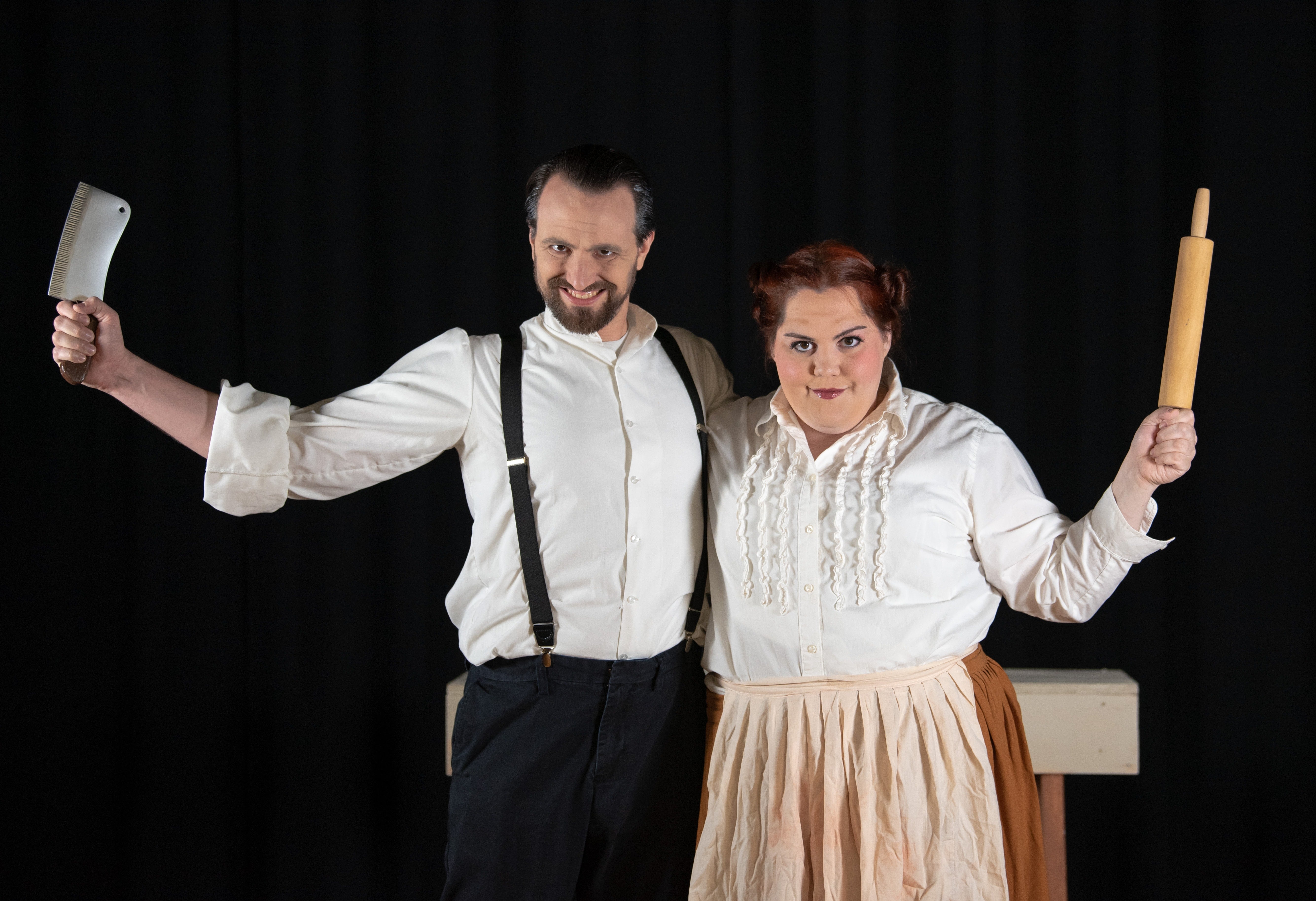 Dave Joria as Sweeney Todd and Elizabeth Drake as Mrs. Lovett in Sterling Playmakers' production of Sweeney Todd. Photo courtesy of Sterling Playmakers.