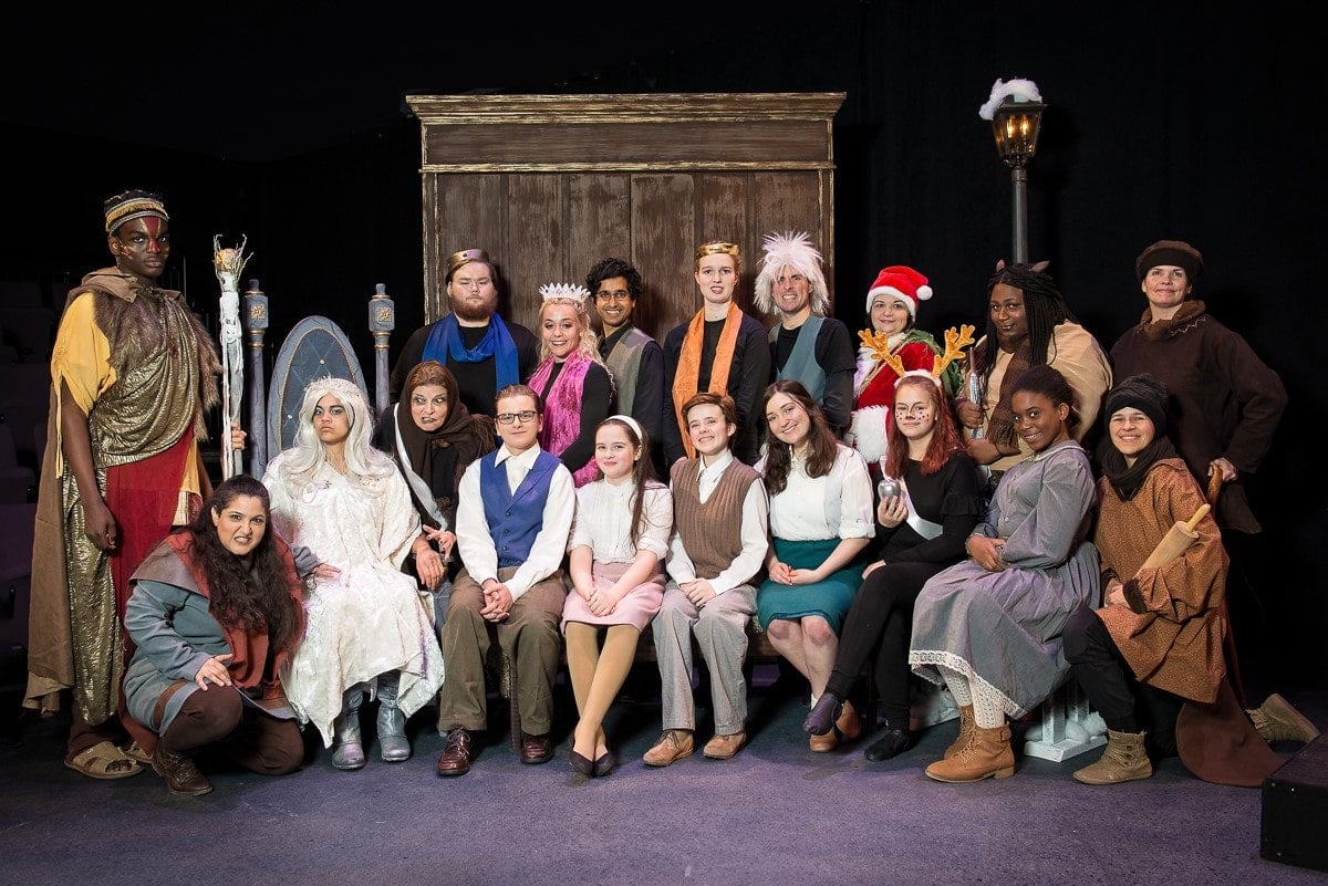 The cast of HCC Arts Collective's The Chronicles of Narnia. Top Row: Ifechukwu Alachebe, Christopher Grenchik, Tori Farnsworth, Vikas Malhotra, Elizabeth Feuerbach, Jared Max, Catherine Whitteker, Kaylob Simms, Tara Hart Bottom Row: Maia Krapcho, Abigail Pervaiz, Gina Ashton, Thomas Greenslit, Bella Horvath Emily Groves, Mallory Jordan, Gwen Lowell, Cameron Kelly, Jamie Barrios. Photo by Bruce F. Press Photography.