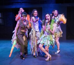 Kevin Shen (Chiqui), Jon Norman Schneider (Jiorgio), Ariel Felix (Sally), Rafael Sebastian (Cheska), and Evan D’Angeles (Zhan) in Paper Dolls. Photo by Stan Barouh.