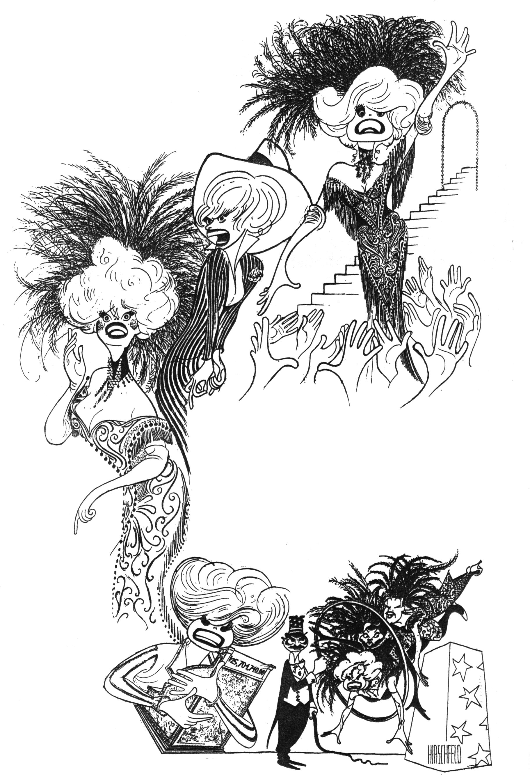 Al Hirschfeld, Collage of Carol Channing in Hello Dolly, 1995. © The Al Hirschfeld Foundation. All rights reserved. www.AlHirschfeldFoundation.org.