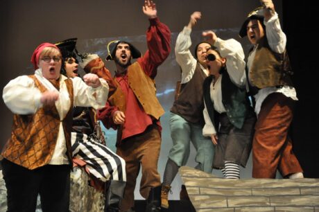 Erin Gallalee (Smee), Capt. Hook (Nathan McGraw), Starkey (Dash Samari), Jukes (Isabella Walrath), Noodler (Sarah Bleier), and Cecco (Samba Pathak) in Vienna Theatre Company's production of Peter Pan. Photo by Matthew Randall.