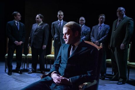 (Front) Christopher Geary (Vladimir Putin). (Back L-R) Max Woertendyke (Mikhail Khodorkovsky), Tony Manna (Boris Berezovsky/Yuri Schmidt/Ensemble), John Austin (Valentine/Ensemble), Alex Piper (Platon Lebedev/Roman/Ensemble), Joseph Carlson (Leonid Nevzlin/Interpreter/Kuchma/Ensemble/Fight Captain) and Elliott Bales (Petukhov/Ensemble) in the world premiere of Kleptocracy running January 18 through February 24, 2019 at Arena Stage at the Mead Center for American Theater. Photo by C. Stanley Photography.