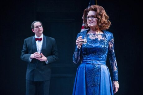 (L to R) Max Woertendyke (Mikhail Khodorkovsky) and Candy Buckley (White House Official) in the world premiere of Kleptocracy running January 18 through February 24, 2019 at Arena Stage at the Mead Center for American Theater. Photo by C. Stanley Photography.