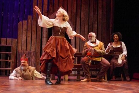 Friends gather in the Boar’s Head tavern (left to right), Bardolph (Scott Alan Small), Doll Tearsheet (Ashly Fishell-Shaffer), Sir John Falstaff (Gregory Burgess), and Mistress Quickly (Tamieka Chavis). Photo by Brandon W. Vernon.