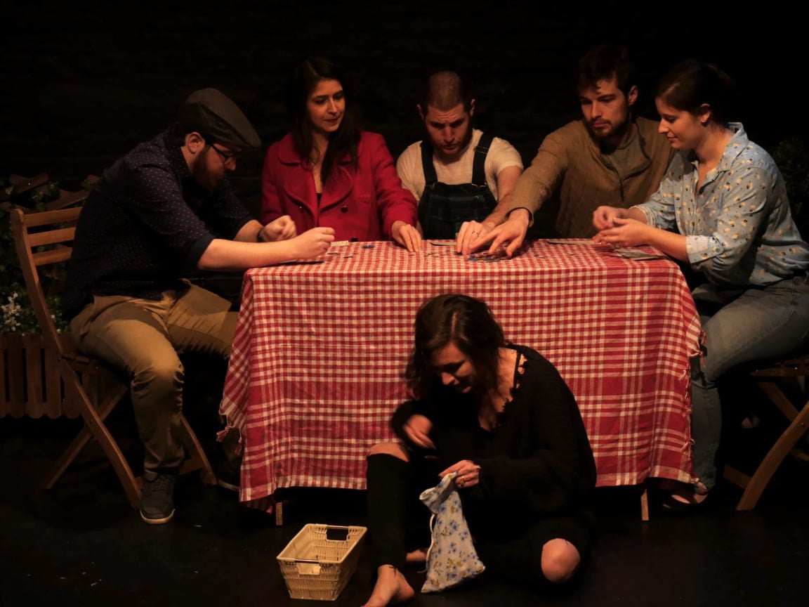 Colton Needles (Dorn), Olivia Haller (Arkadina), Adrian Iglesias (Shamrayev), Thomas Shuman (Trigorin), Elizabeth Floyd (Polina) and Madeline Mooney (Masha) in 'The Seagull.' Photo by Ted Johnson.
