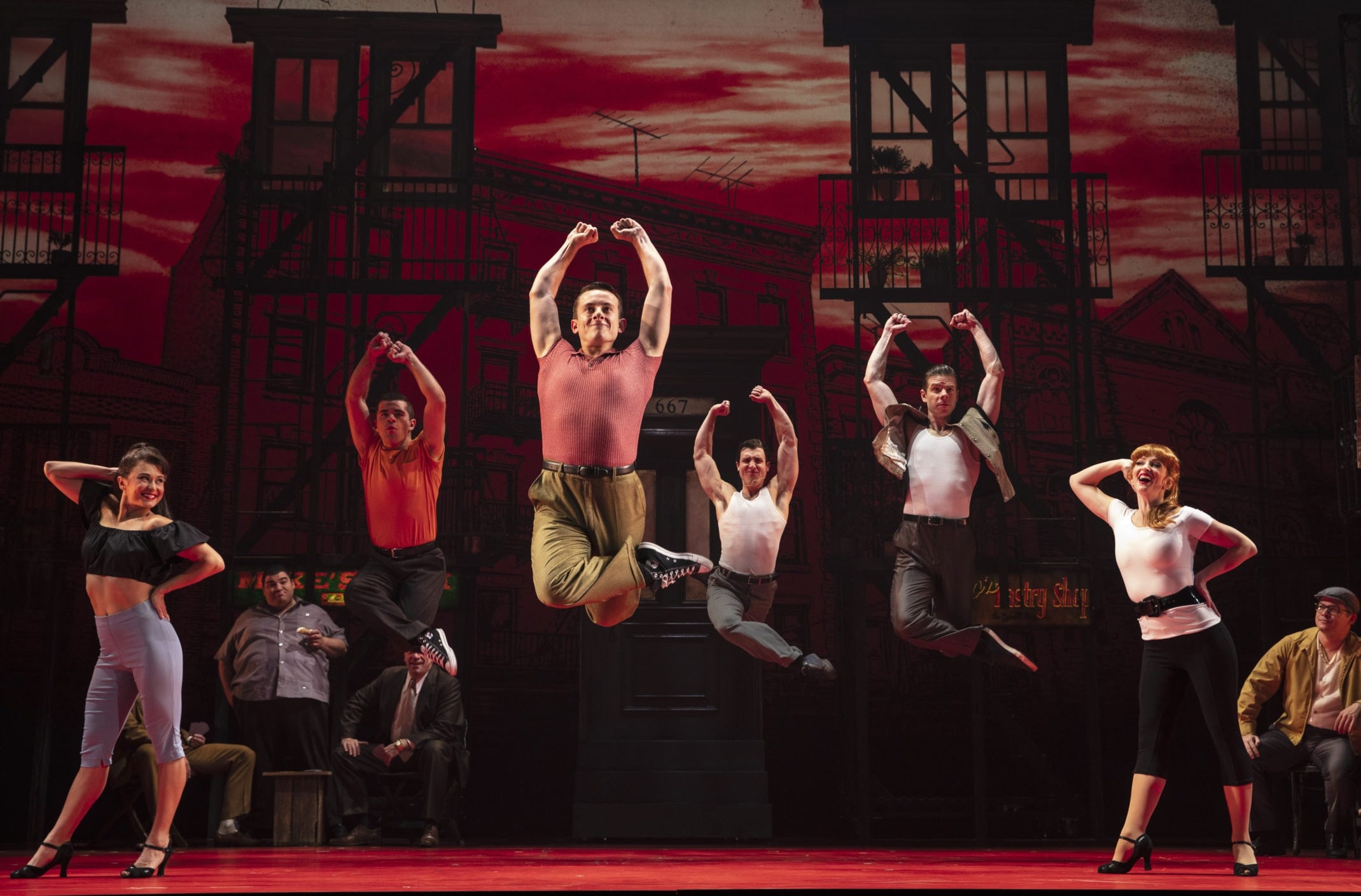 (foreground, l to r) Haley Hannah, Joseph Sammour, Joshua Michael Burrage, Giovanni DiGabriele, Sean Bell, Kyli Rae. (background, l to r) Robert Pieranunzi, Michael Barra, Paul Salvatoriello and Mike Backes. Photo by Joan Marcus.