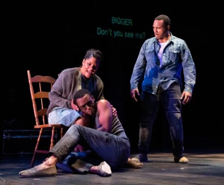 Lolita Marie as Hannah, Vaughn Ryan Midder as the Black Rat and Clayton Pelham, Jr. as Bigger Thomas in Mosaic Theater Company's production of 'Native Son.' Photo by Stan Barouh.