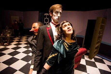 L-R: Darius Johnson, Colin Connor, and Francesca Chilcote in 'The Great Commedia Hotel Murder Mystery.' Photo by C. Stanley Photography.