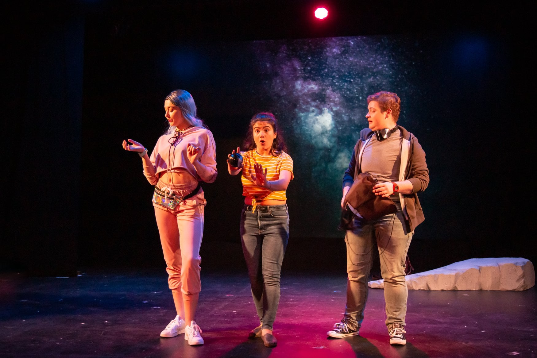 Emily Whitworth (Althea), Vanessa Chapoy (Annie), and Aron Spellane (KJ) in Rorschach Theatre's production of 'Annie Jump and the Library of Heaven.' Photo by Ryan Maxwell Photography.