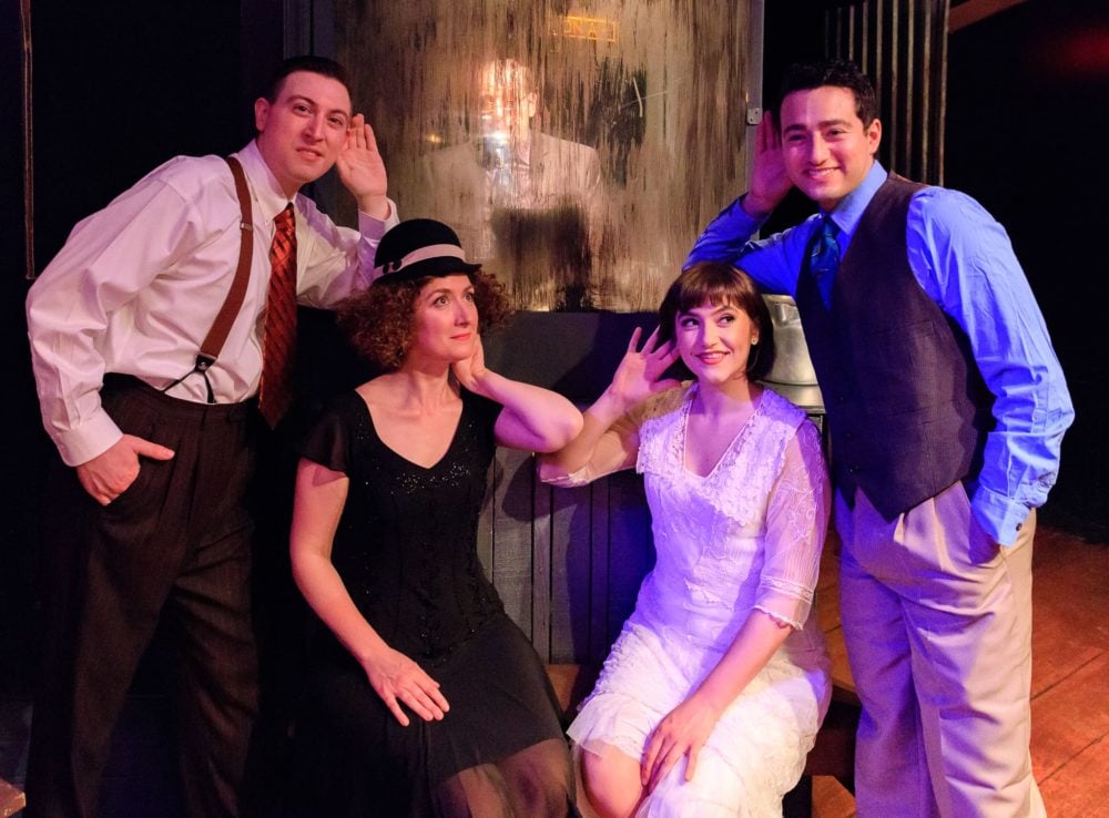 L-R: Garrett Matthews as Dr. Harry P. Davis/Ensemble, Erin Granfield as Agnes Davis/Ensemble, Robert Aubry Davis as Radio Voice, Nora Palka as Flora Conrad, and Jimmy Mavrikes as Frank Conrad in 'On Air' at Creative Cauldron. Photo Credit: Keith Waters Kx Photography.