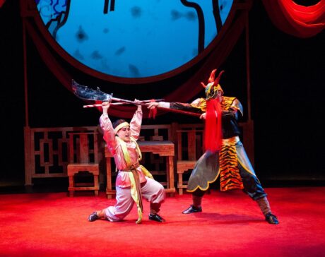 Justine Moral as Mu Lan and Daniel Glenn Westbrook as the Xi Xia King in 'The Ballad of Mu Lan' at Imagination Stage. Photo by Margot Schulman.