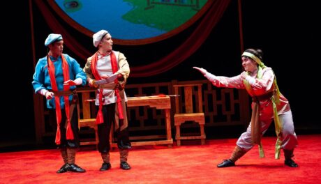 Rafael Sebastian as Jin Yong, Jacob Yeh as Xiu Qie, and Justine Moral as Mu Lan in 'The Ballad of Mu Lan' at Imagination Stage. Photo by Margot Schulman. 