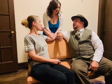Dark Horse Theatre in rehearsal for 'No Exit' at ArtSpace Herndon (L to R): Jane Steffen, Arianne' Warner, Scott Pafumi. Photo by Olive Images.