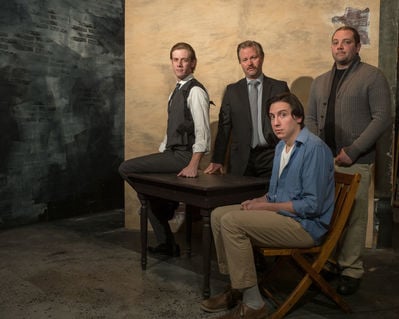 The cast of The Pillowman (L-R): David Shoemaker, Stephen Deininger, Michael Kranick, and Paul Valleau. Photo by Bruce F. Press Photography.
