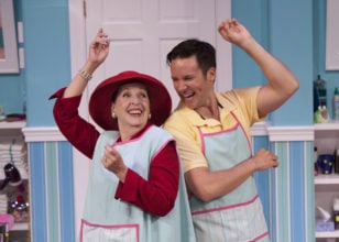 Former cast members Brigid Cleary and Danny Bernardy in Shear Madness at the Kennedy Center. Photo by Margot Schulman.