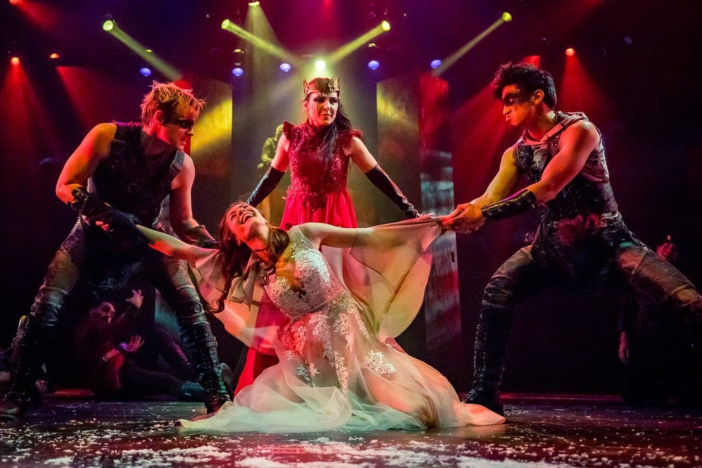 Alex Mills, Irina Tsikurishvili, Irina Kavsadze, and Dallas Tolentino in Titus Andronicus. Photo by Brittany Diliberto.