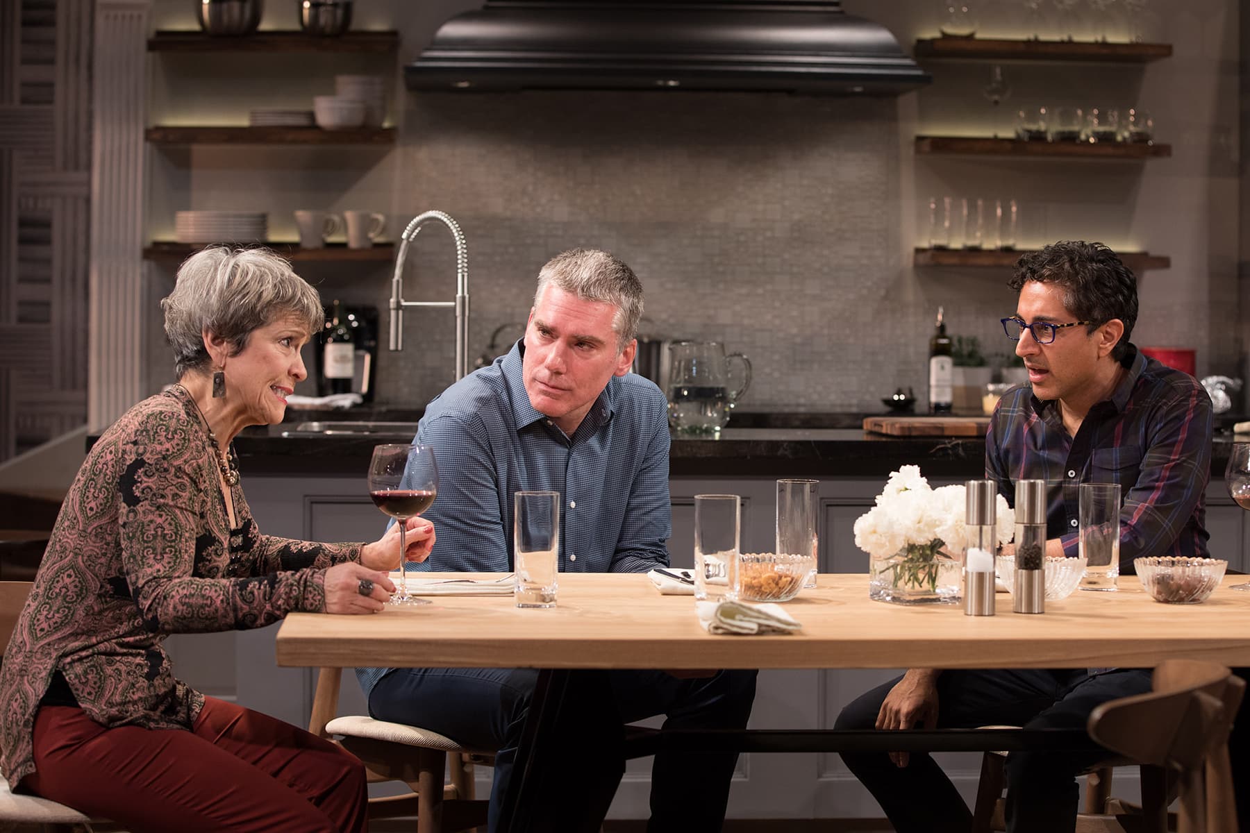 Naomi Jacobson (Trish), Glenn Fitzgerald (Theo) and Maulik Pancholy (Kevin) in The Remains. Photo by Teresa Wood.