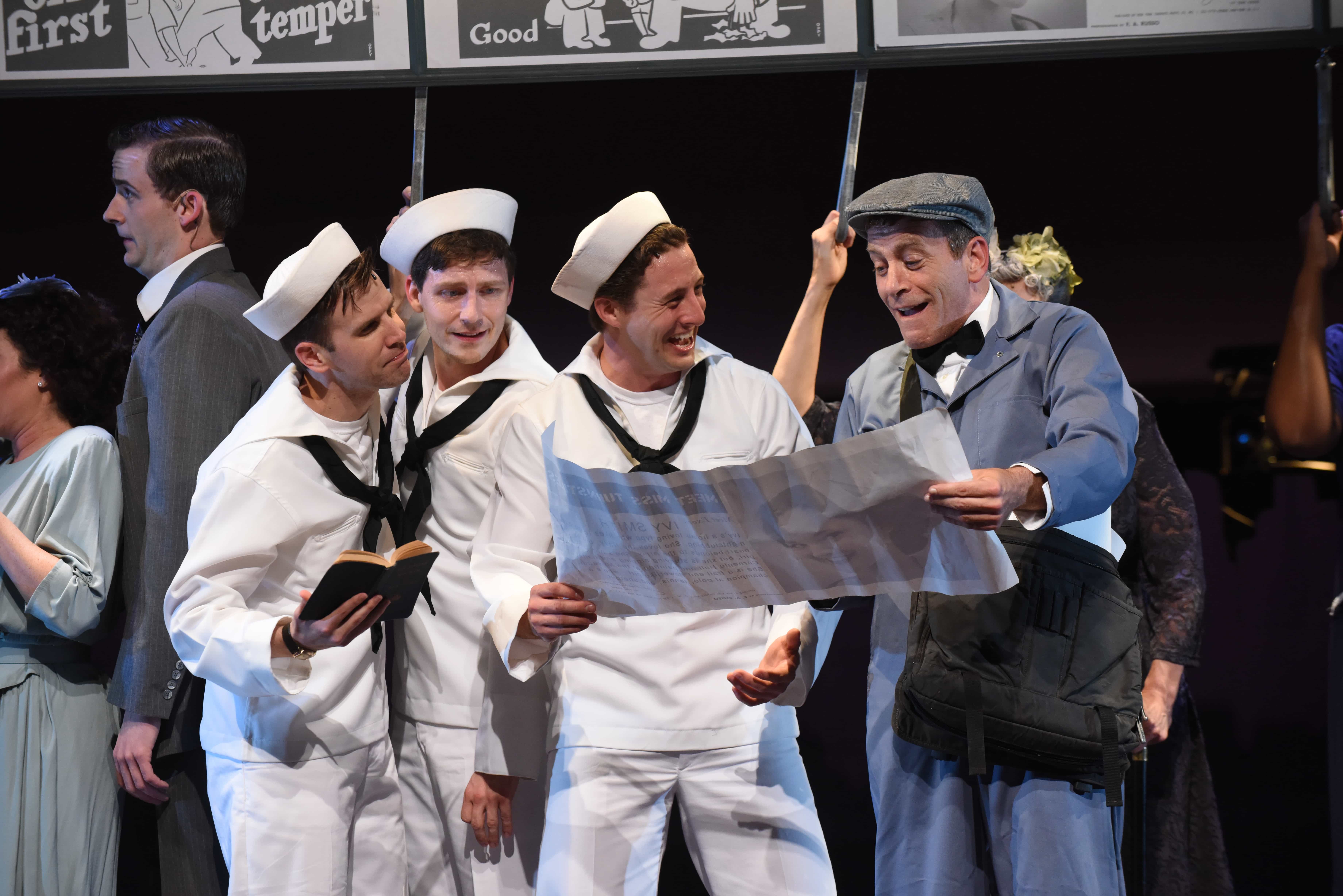Evan Casey (Chip), Sam Ludwig (Ozzie), Rhett Guter (Gabey), and Bobby Smith (Bill Poster) in On The Town, now playing at Olney Theatre Center. Photo by Stan Barouh.
