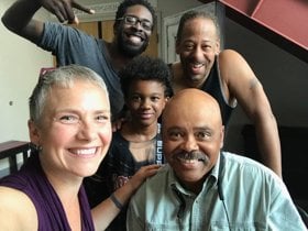 The cast of MetroStage's production of The Painted Rocks at Revolver Creek in early rehearsal. Back: Jeremy Keith Hunter, Jeremiah Hasty, director Thomas W. Jones II Front: Marni Penning and Doug Brown. Photo by Marni Penning.