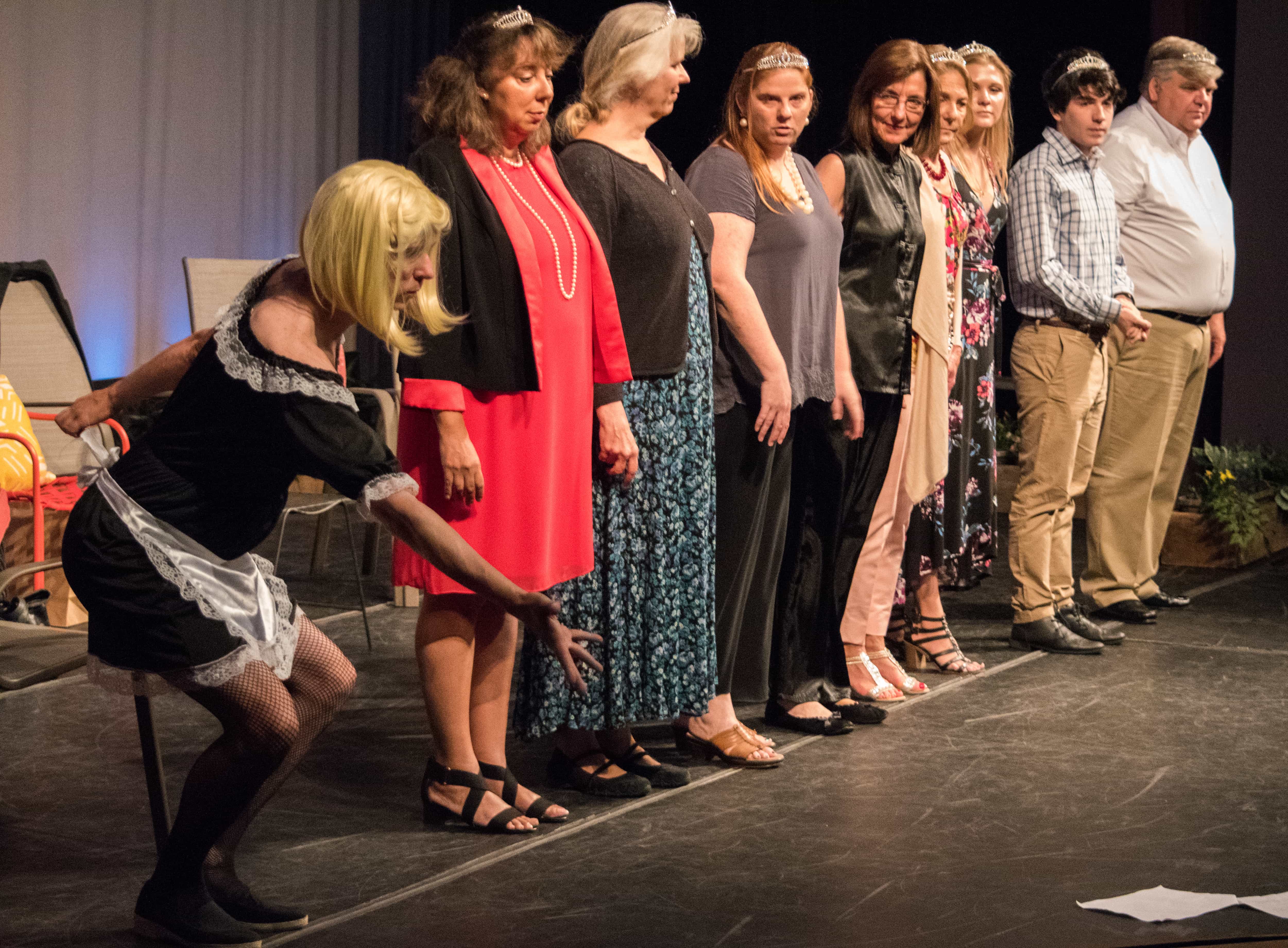 The cast of The Glitter Girls at Upcounty Theatre: Bill Kassey, Evelyn Cannon, Jill Vanderweit, Darcie Porter, Margaret Condon, Carole Preston, Marena Gloth, Sebastian Smith Carrillo, and Jim Kitterman. Photo by Bruce Rosenberg.