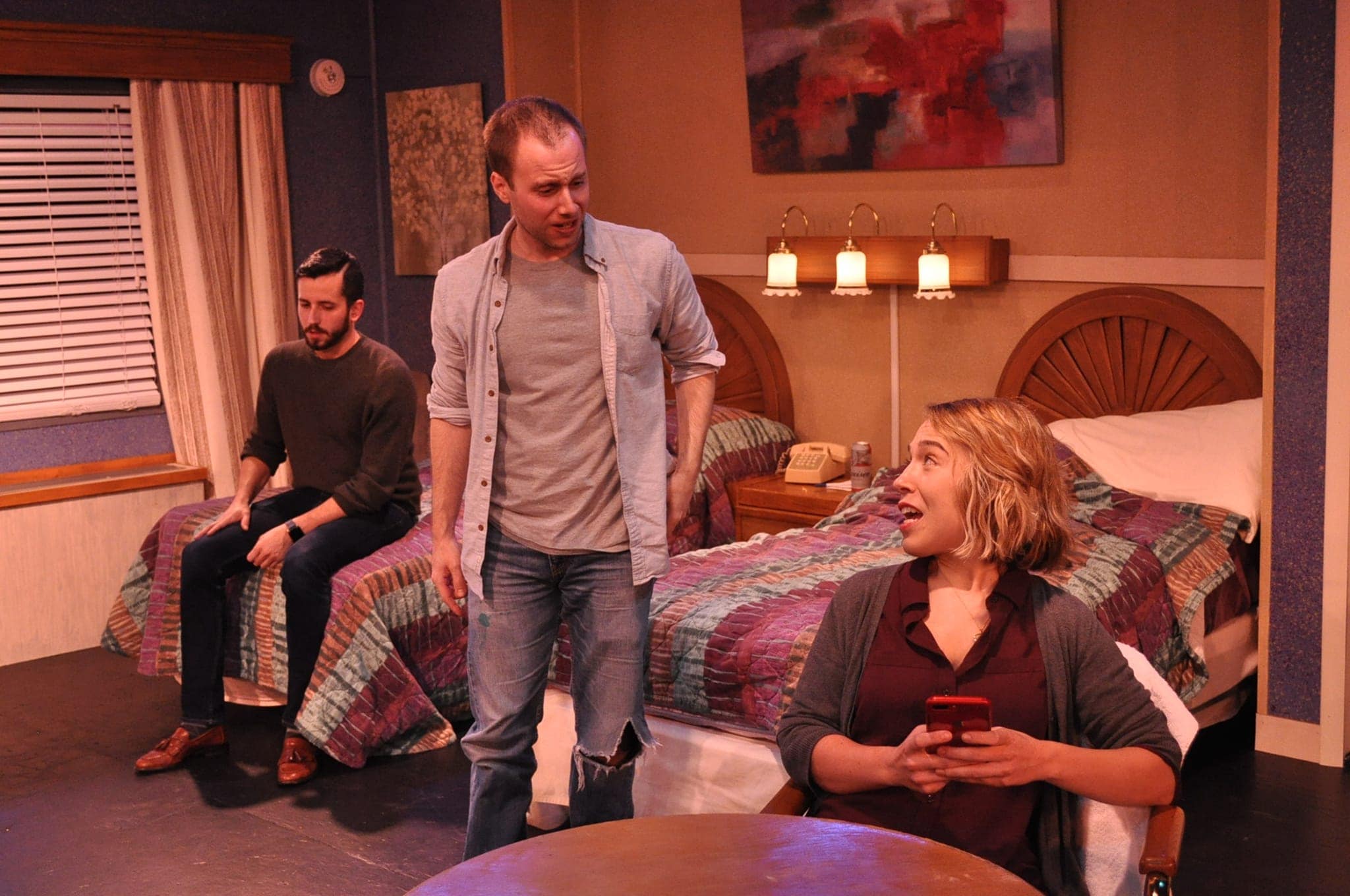 L-R: Joe Waeyaert, Mike Rudden, and Brianna Goode in Tape, now playing at Dominion Stage. Photo by Matthew Randall.