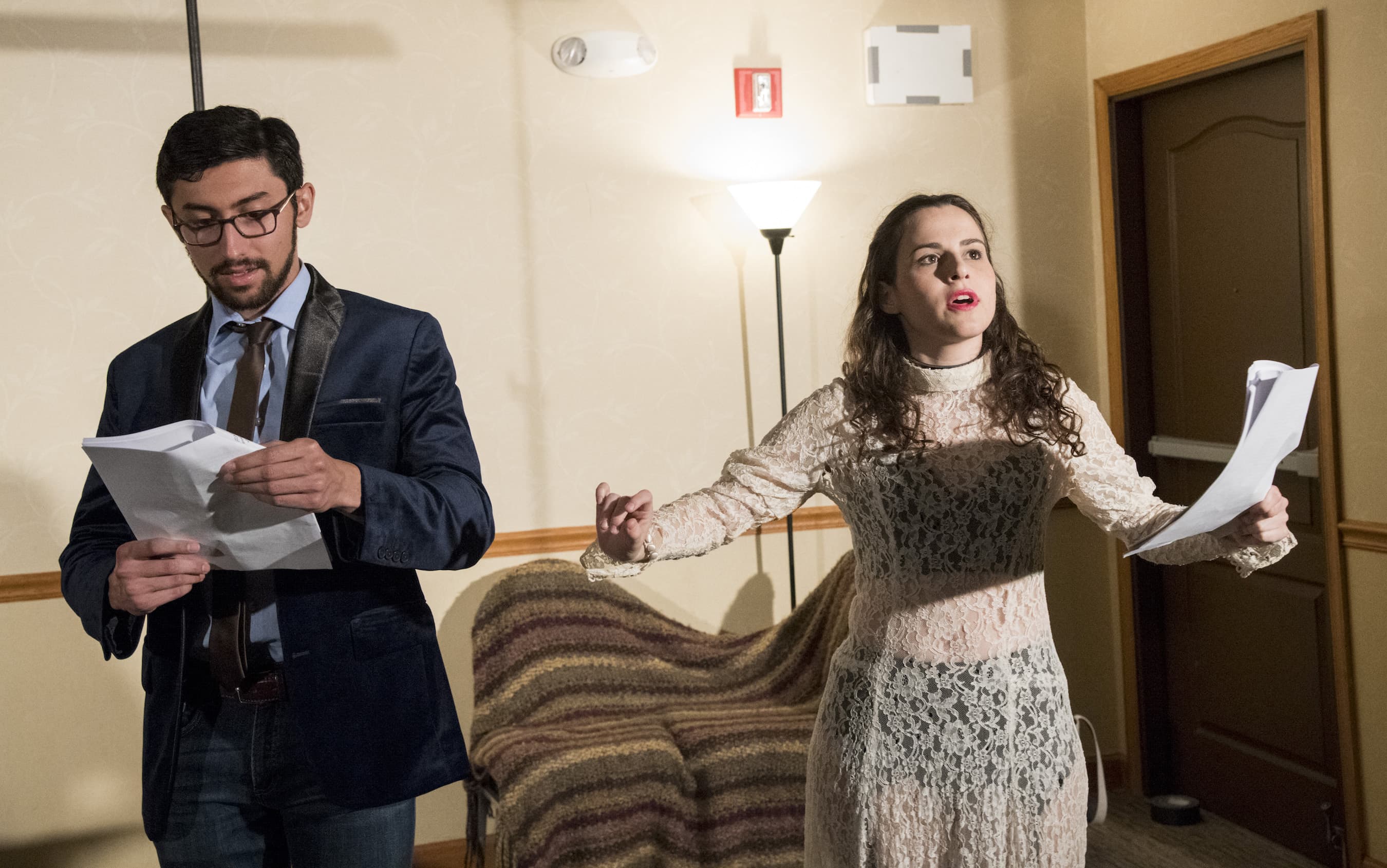 Joe Mucciolo (Thomas) and Anna DeBlasio (Vanda) in Compass Rose Theater's production of Venus in Fur. Photo by Stan Barouh.