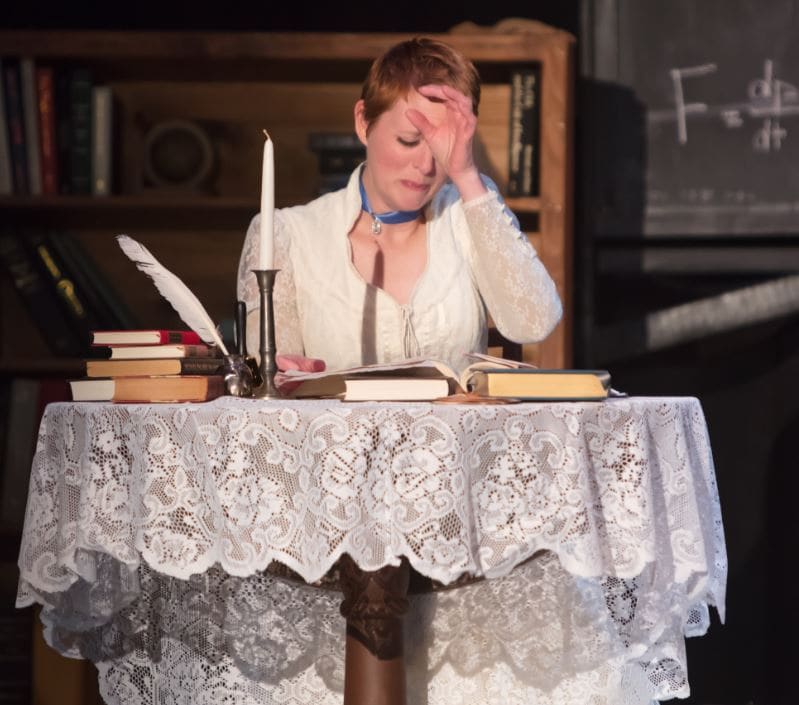 Heather Plank as Emilie in Vienna Theatre Company's production of Emilie: La Marquise Du Chatelet Defends Her Life Tonight. Photo by John Sharrard.