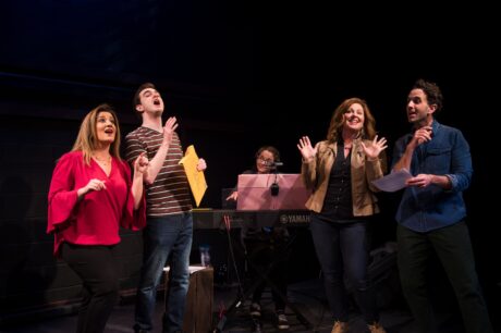Jennifer Redford, Bobby Libby, Katie McManus and John Loughney with Elisa Rosman at piano in [title of show] at NextStop Theatre Company. Photo by Lock and Company.
