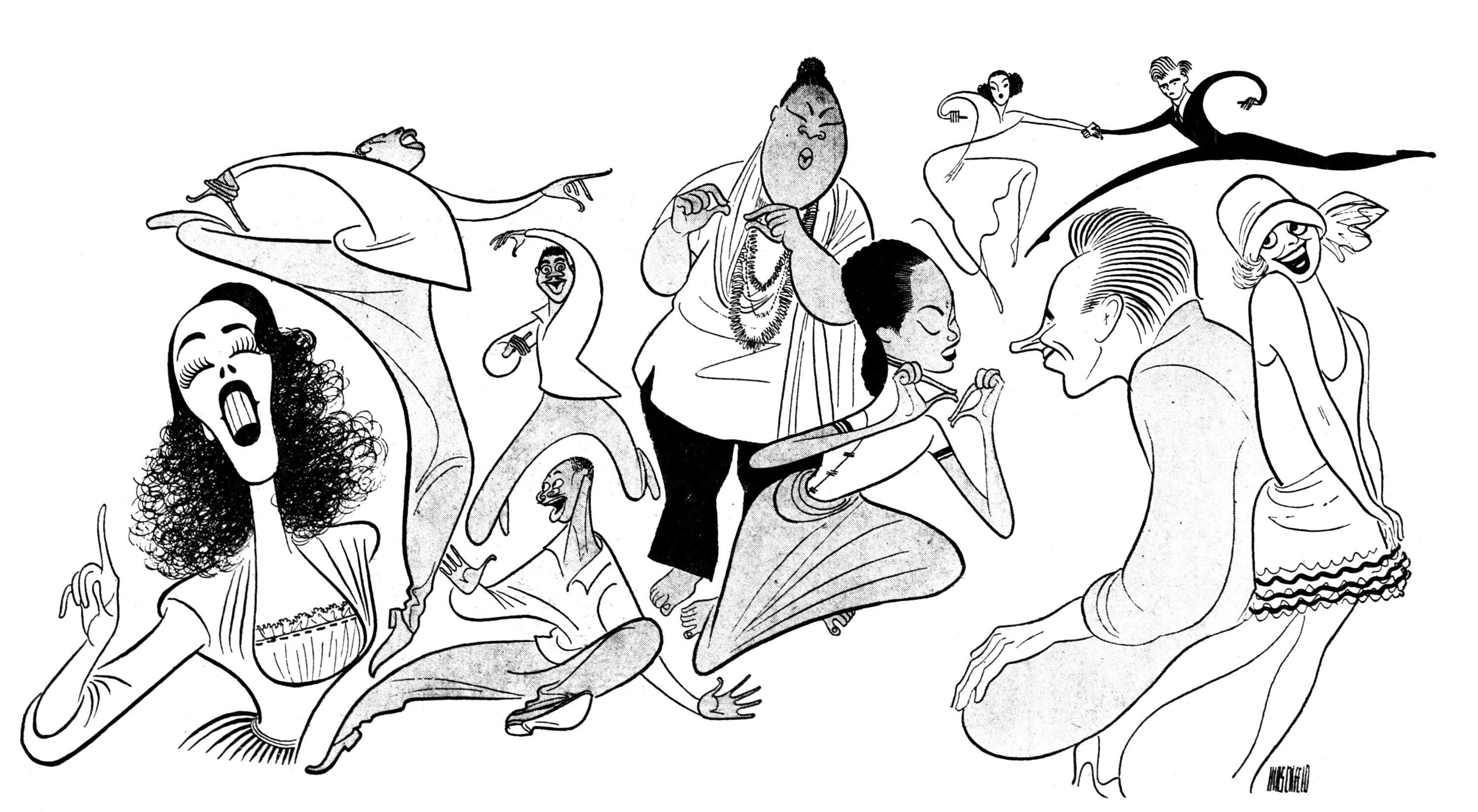 Al Hirschfeld, Carol Channing (right) in Supporting Players whose Numbers Stop their Musical Shows, 1949. © The Al Hirschfeld Foundation. All rights reserved. www.AlHirschfeldFoundation.org.