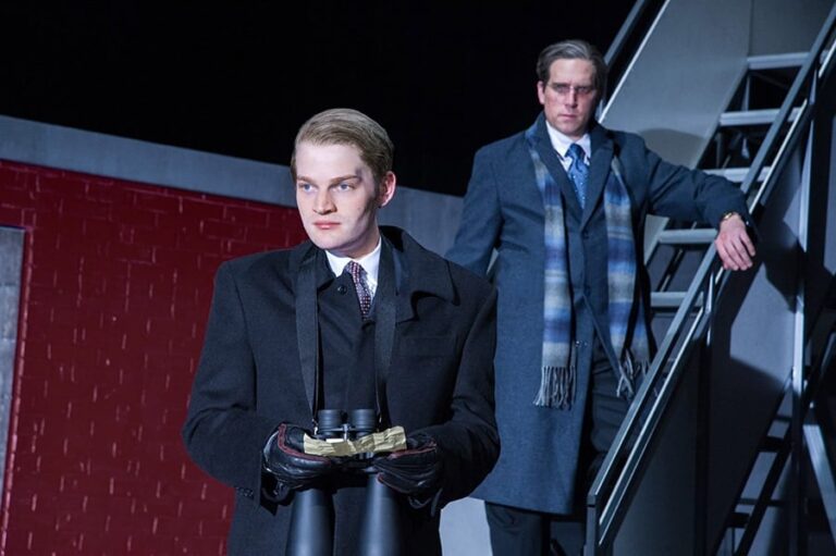 (L to R) Christopher Geary (Vladimir Putin) and Max Woertendyke (Mikhail Khodorkovsky) in the world premiere of Kleptocracy at Arena Stage. Set design by Misha Kachman. Photo by C. Stanley Photography.