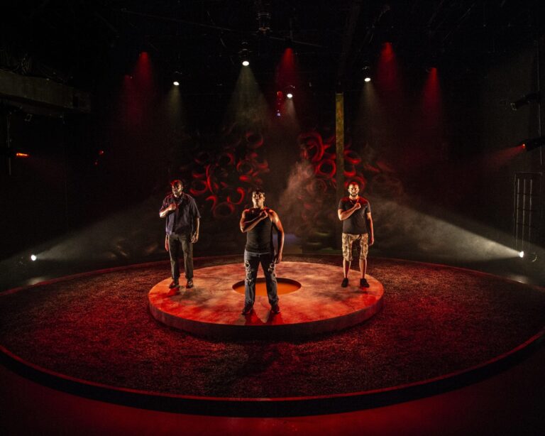 Gary-Kayi Fletcher, Clayton Pelham, Jr., and Thony Mena in 'The Brothers Size' at 1st Stage. Photo by Teresa Castracane.